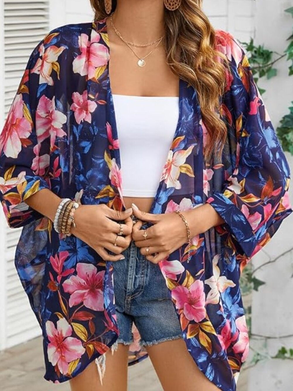 Women's Floral Print Sheer Chiffon 3/4 Cuffed Bat Sleeve Kimono Size XXL